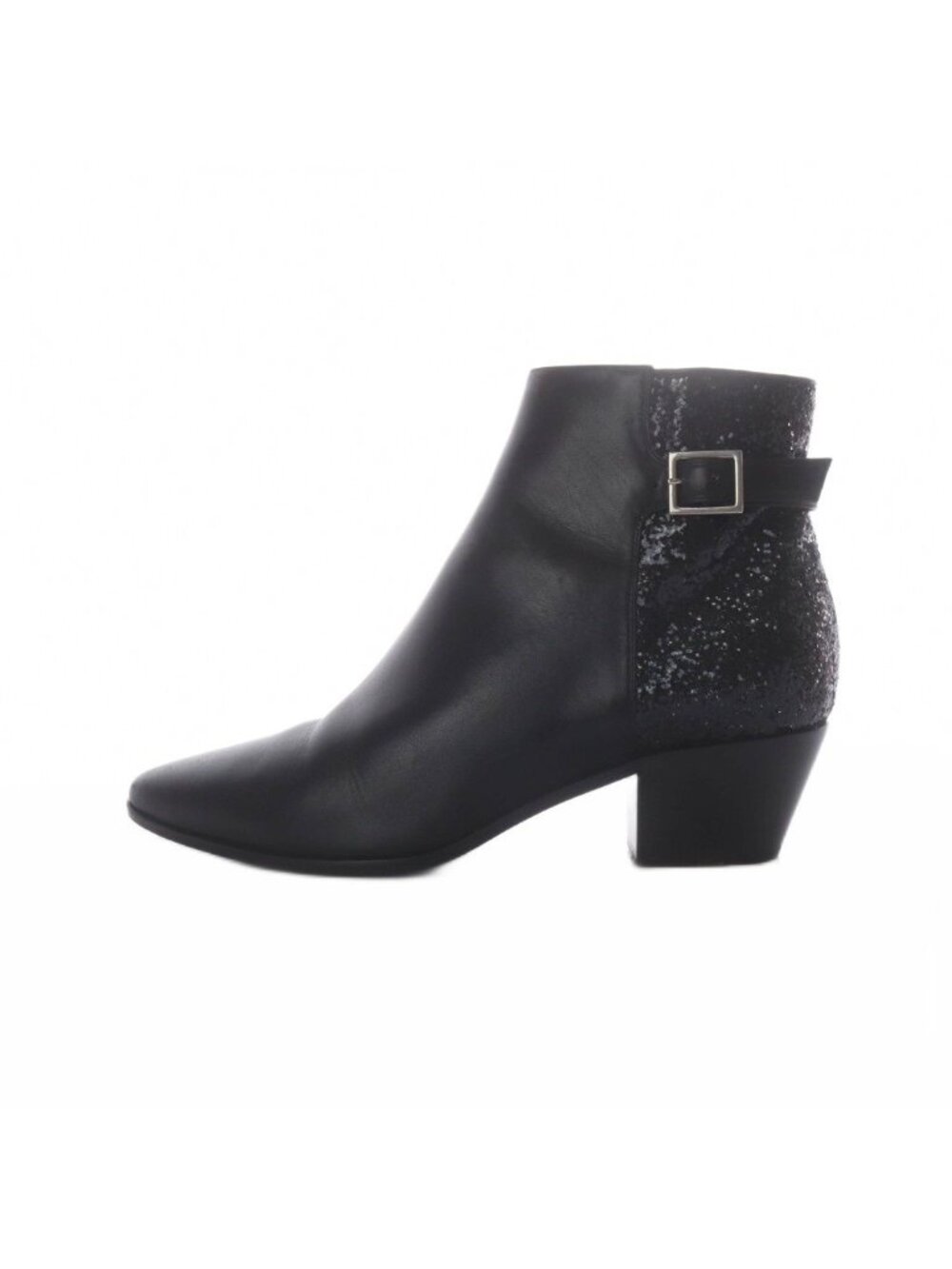 Saint Laurent Paris Short Boots Glitter Buckle Leather Black Heels